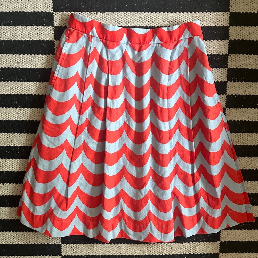 Marimekko Red and Light Blue Wave-Print A-Line Midi Skirt